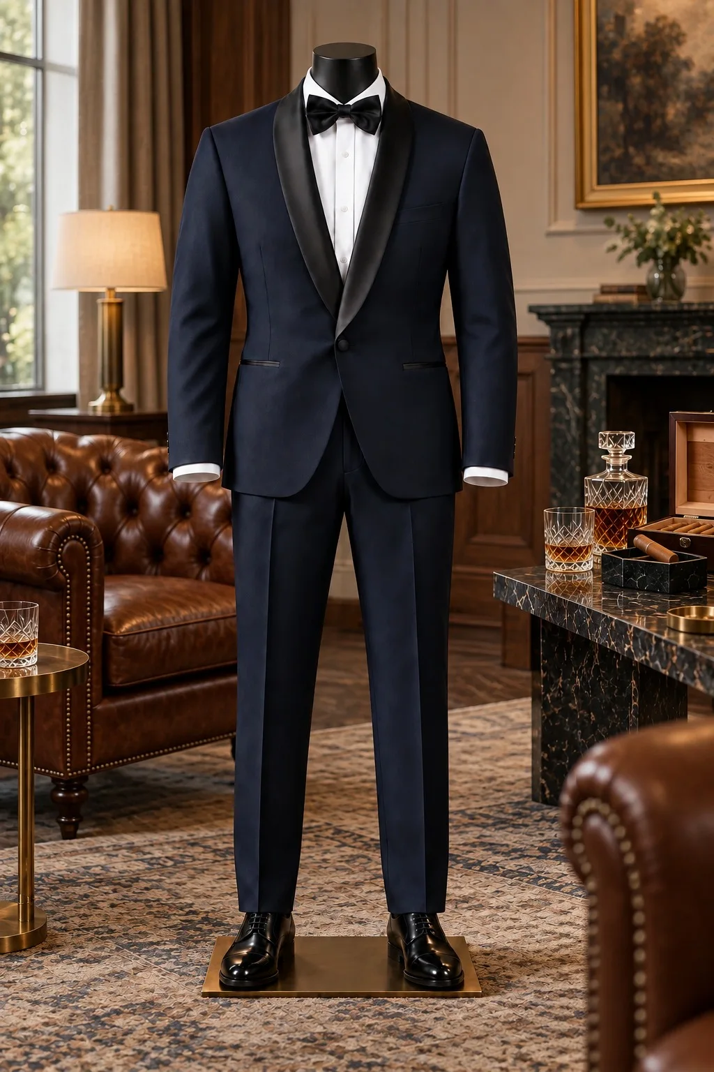 Navy formalwear in a warm, wood-paneled lounge